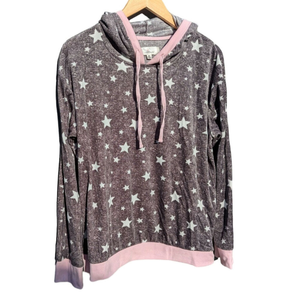 Cuddl Duds Star Pajama Top Grey Gray Pink Stars Hooded Women M Fuzzy Cozy Soft